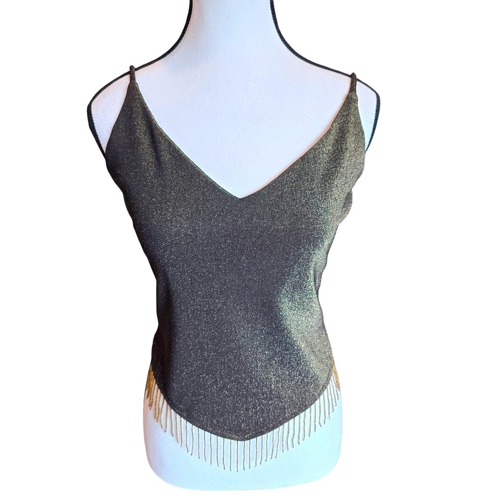 VTG 90s Mirrors‎ Black Gold Metallic Cami Top Large Beaded Fringe Handkerchief L
